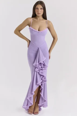 Gabbi Orchid Mesh-avondjurk met ruches aan de voorkant
