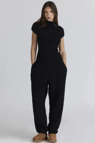 Geena Zwarte wollen bouclé-broek