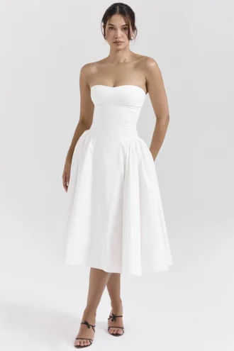 Georgiana witte katoenen strapless midi-zomerjurk