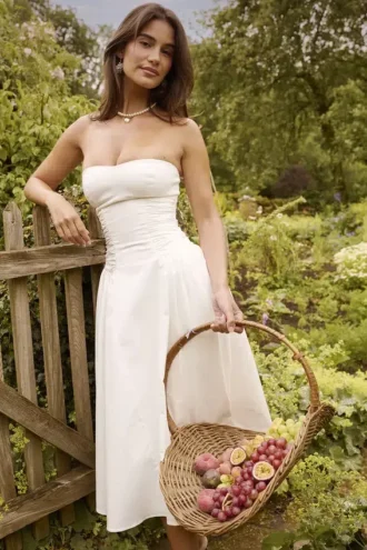 Georgiana witte katoenen strapless midi-zomerjurk