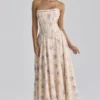 Gina Ivory Sweet Peony Floral Print Strapless Maxi Jurk