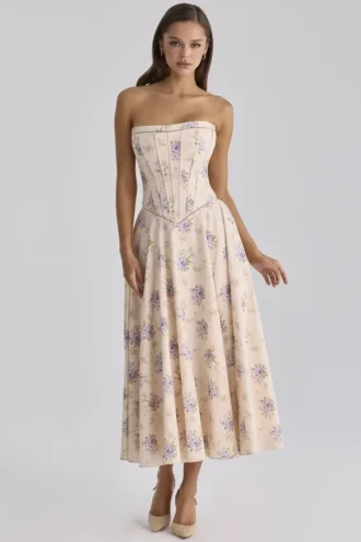 Gina Ivory Sweet Peony Floral Print Strapless Maxi Jurk
