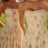 Gina Ivory Sweet Peony Floral Print Strapless Maxi Jurk