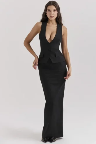 Hart zwarte twill maxi-rok