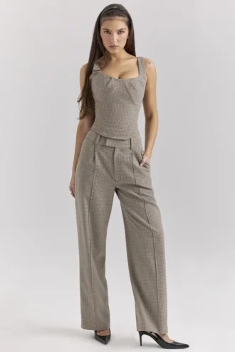 Hayden Bruine Puppytooth Wijd Been Hoge Taille Getailleerde Broeken