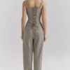 Hayden Bruine Puppytooth Wijd Been Hoge Taille Getailleerde Broeken