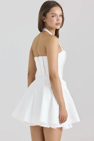 Heidi witte stretch katoenen mini-jurk met halternek