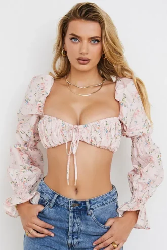 Henrietta roze bloemenbralette met plooien als top