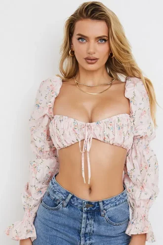 Henrietta roze bloemenbralette met plooien als top