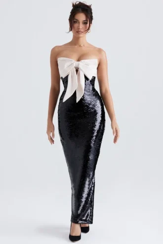 Holly zwarte pailletten strapless jurk met strikken