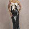 Holly zwarte pailletten strapless jurk met strikken