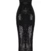Holly zwarte pailletten strapless jurk met strikken