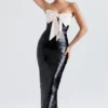 Holly zwarte pailletten strapless jurk met strikken