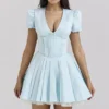 Imani Delicate Blue Satin Pleated Mini Jurk