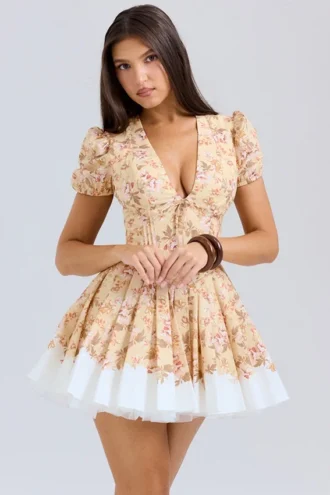 Imani mini-jurk van geplooid katoen met honingbloemenprint