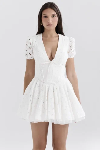 Imani witte geplooide mini-jurk met broderie anglaise