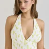 Iris Lemon mini-jurk met bloemenprint van georgette en halternek