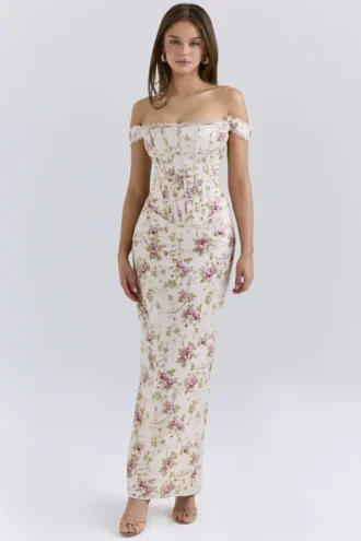 Isis Vintage crèmekleurige maxi-jurk met bloemenprint en korsetten