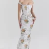 Isis zachtblauwe maxi-jurk met vintage print en korset