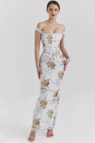 Isis zachtblauwe maxi-jurk met vintage print en korset