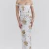 Isis zachtblauwe maxi-jurk met vintage print en korset