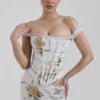 Isis zachtblauwe maxi-jurk met vintage print en korset