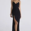 Issey Zwarte stretch mesh gedrapeerde maxi-jurk