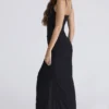 Issey Zwarte stretch mesh gedrapeerde maxi-jurk