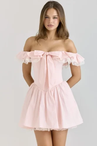 Jaide Roze Stretch Katoenen Off-Shoulder Korset Mini-jurk
