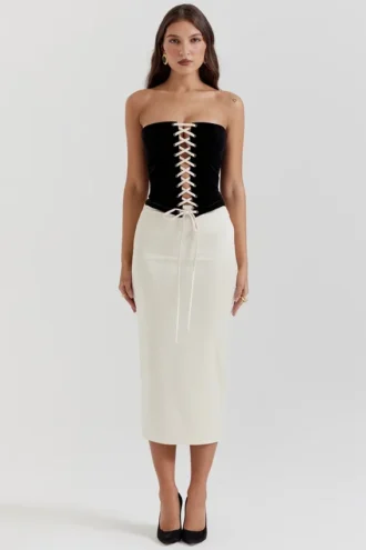 Jaina zwarte & vintage crèmekleurige strapless korsettenjurk