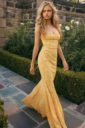 Joan Apricot maxi-jurk met vetersluiting aan de achterkant