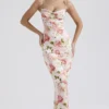 Josefina roze maxi-jurk van satijn met pioenrozenprint