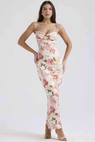 Josefina roze maxi-jurk van satijn met pioenrozenprint