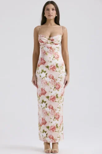 Josefina roze maxi-jurk van satijn met pioenrozenprint