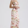 Josefina roze maxi-jurk van satijn met pioenrozenprint