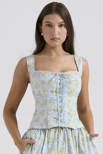 Juana zachtblauwe katoen-top met vintage bloemenprint