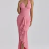 Karmijnrode frambozenkleurige mesh halternek waterval maxi-jurk