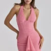 Karmijnrode frambozenkleurige mesh halternek waterval maxi-jurk