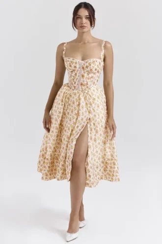 Kelly Royal Rose Print Korsetten Midi-zomerjurk