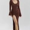 Khrysta Chocoladebruine gedrapeerde maxi-jurk