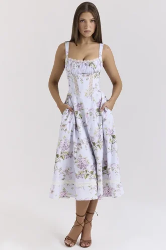 Kim lila katoenen midi-zomerjurk met bloemenprint