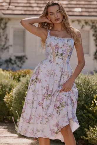 Kim lila katoenen midi-zomerjurk met bloemenprint