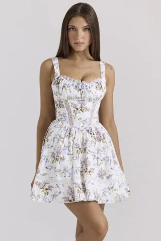 Kimmie witte katoenen mini-jurk met bloemenprint en strik