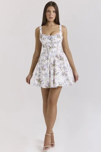 Kimmie witte katoenen mini-jurk met bloemenprint en strik