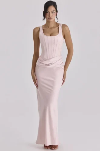 Kira Blush Pink Satin Gathered Maxi Jurk