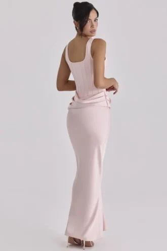 Kira Blush Pink Satin Gathered Maxi Jurk