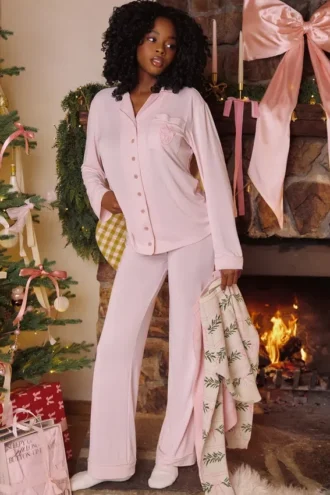 Klassieke pyjama Roze zachte modaal pyjama Set