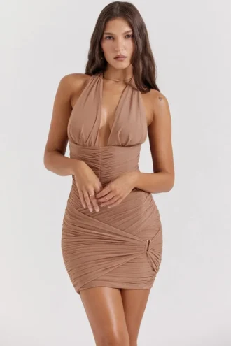 Laetitia Hazelnut gerimpelde mini-jurk