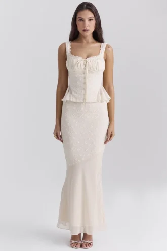 Lana Vintage crèmekleurige katoenen maxi-rok met broderie anglaise