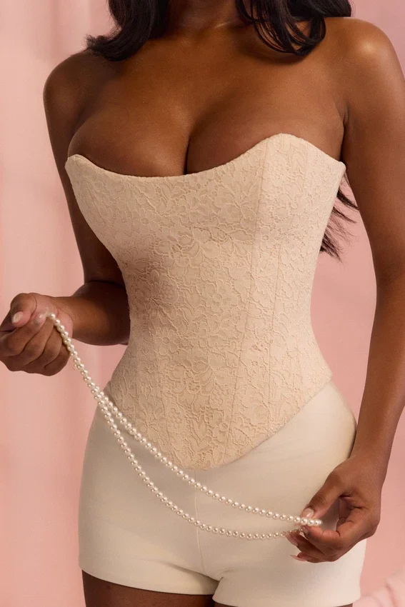 Larra Vintage ivoorkleurige strapless kanten korsetten-top